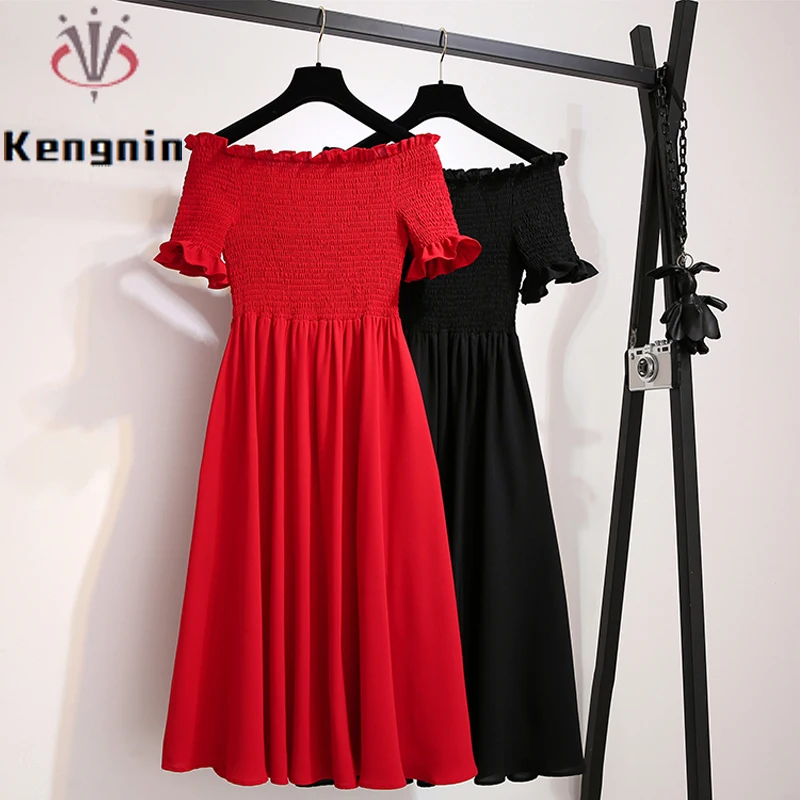 

New 2022 Summer Sexy Slash Neck Women Dresses Off The Shoulder Ruffles Pleated Dress Lady Fashion Vestido Female Clothes KE2491