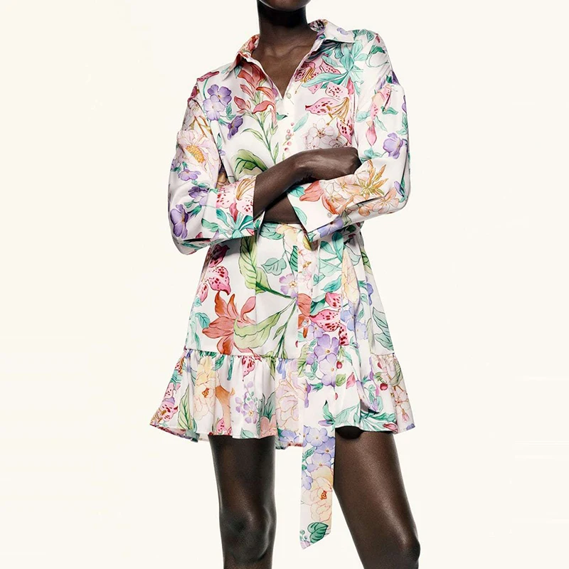 

Spring 2022 Women Print Mini Dress With Belt Turn-down Collar Long Sleeve Female Sweet Dress Vestidos LY9820