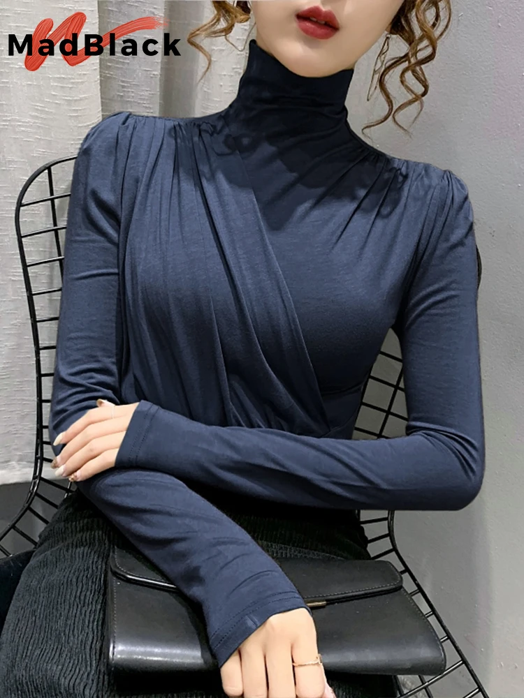 

Осенняя Классическая дизайнерская футболка MadBlack, футболки с вышитыми цветами и воротником-стойкой с длинными рукавами, топы, модные топы ...