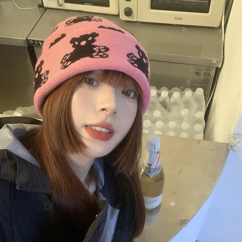 

Cartoon Bear Wool Hats for Women Winter Warm Ear Protection Knitted Hat шапка женская Gorra Invierno Mujer