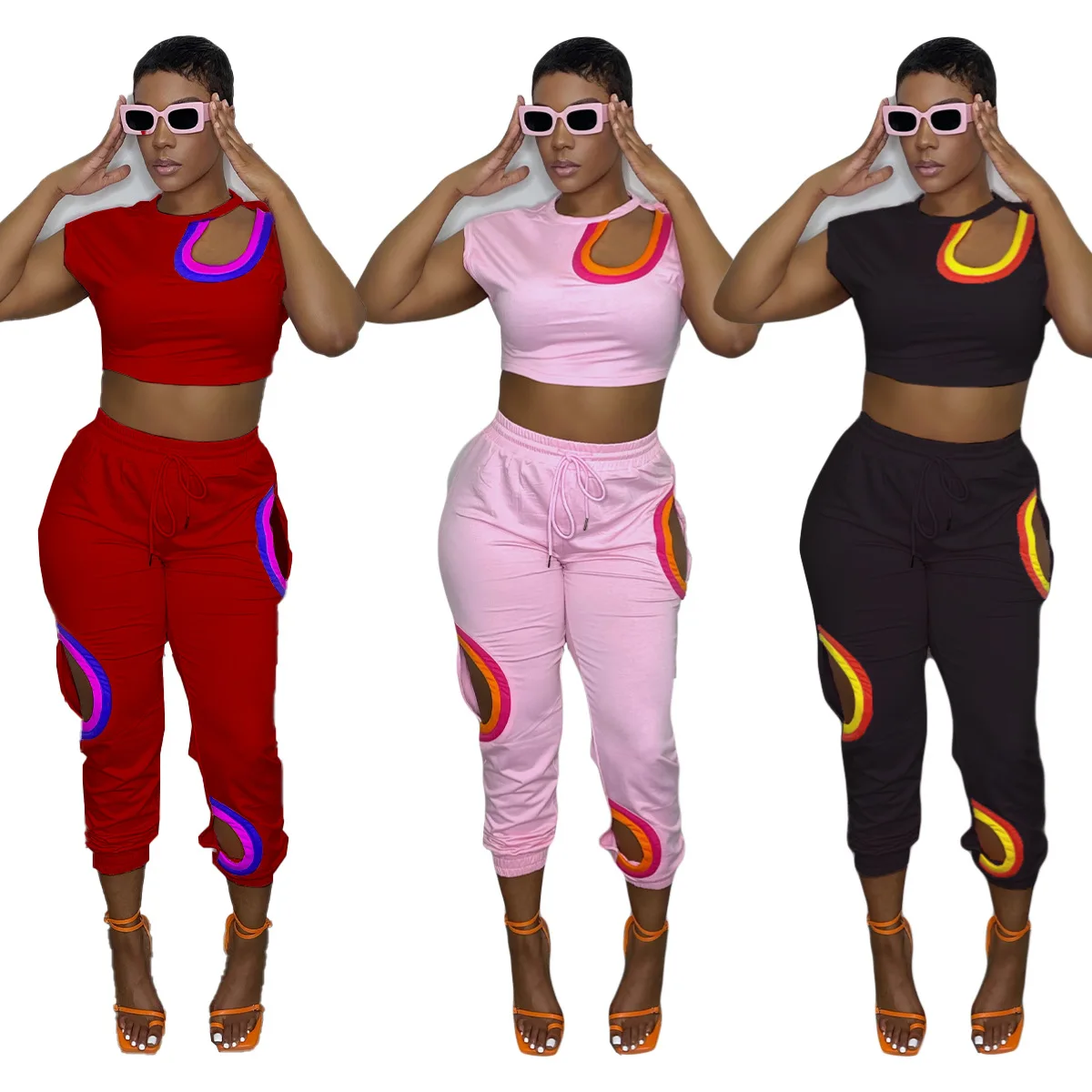 

Women Sexy Cut Out T Shirt Crop Top + Drawstring Pants Slim Club Two Piece Set Sport Outfits Summer Casual Color Block Tracksuit