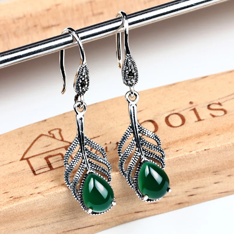 

ZHJIASHUN Retro 100% 925 Sterling Silver Earrings For Women Vintage Natural Precious Stone Piercing Earring Silver Jewelry
