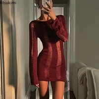 new 2022 tassel cut out women dress backless black long sleeve y2k knit summer beach dresses sexy party club woman outfits mini