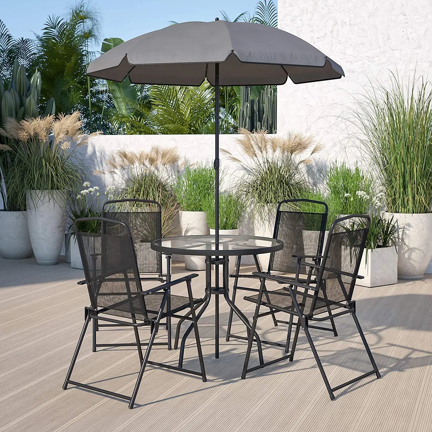 

Flash Furniture Nantucket 6 Piece Patio Garden Table Set - Umbrella Table - Set of 4 Black Folding Chairs Outdoor Furniture Set
