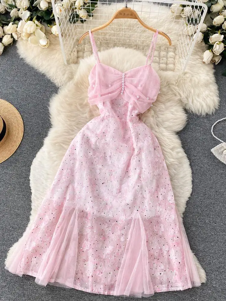 

ZCWXM Summer Women Sexy Off Shoulder Long Floral Dress Party Mesh Beading Elegant Spaghetti Strap Slim Night Dress Wedding