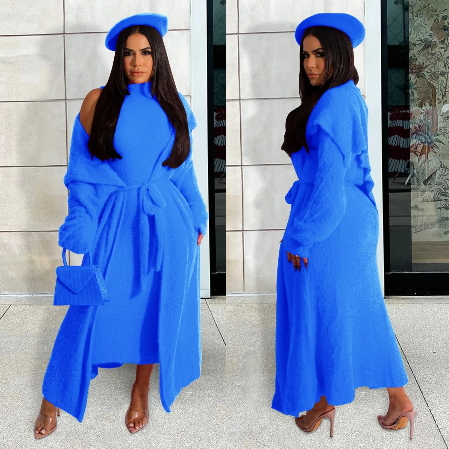 Женские комплекты платьев из двух предметов кардиган с длинным рукавом и круглым