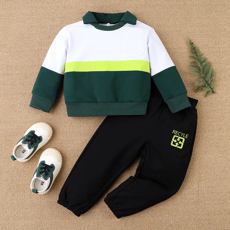 

Hibobi 2Pcs Set Toddler Boy White Green Color-block Pattern Sweatshirt & Casual Trousers