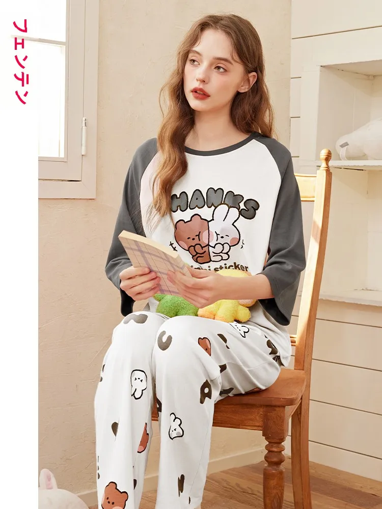 Finteng пижамы с коричневым медведем женские весенне-летние хлопковые брюки