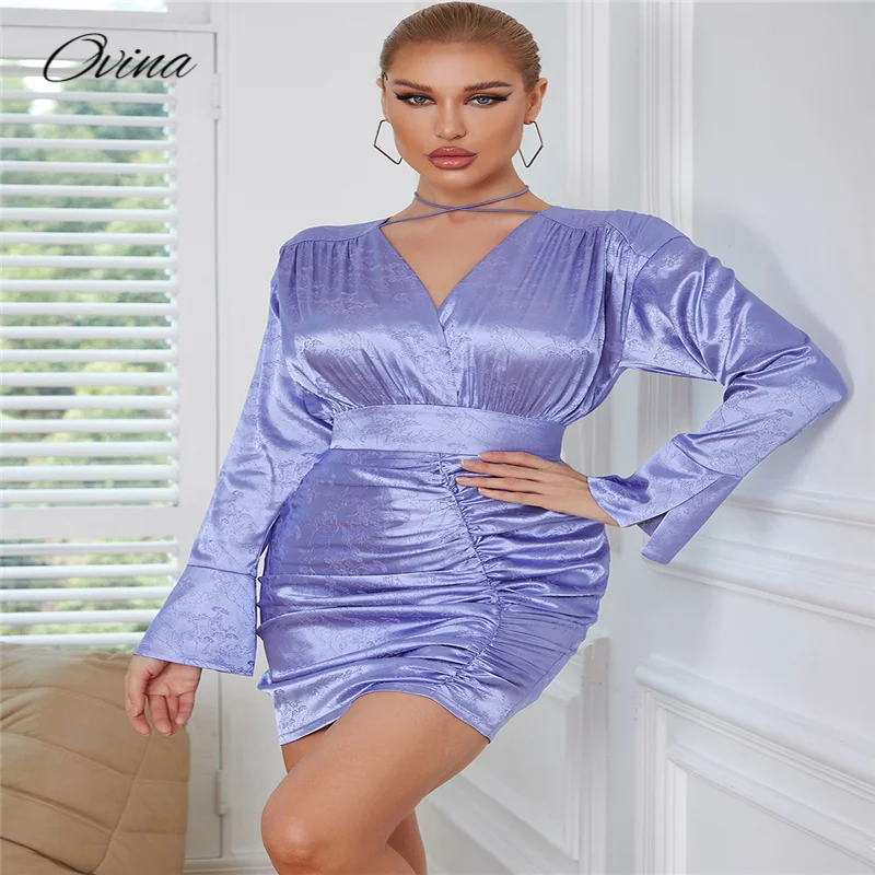 

Senior Sense Mini Dress 2022 Fall Purple Satin Sexy Elegant Draped Design Women's V-neck Long Sleeve Package Hip Short Dress