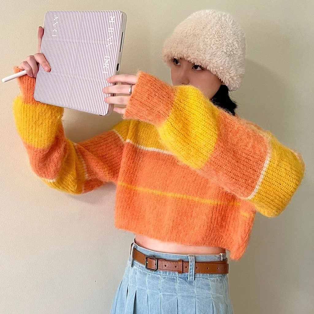 

Contrast Striped Sweater Women's 2022 Autumn Winter Vintage Versatile Korean Minority Loose Long Sleeve Sweater Top