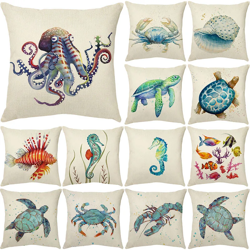 

Summer Marine Style Cushion Cover 45X45cm Sea Life Turtle Conch Fish Print Pillowcase Living Room Home Decor Linen Pillow Covers
