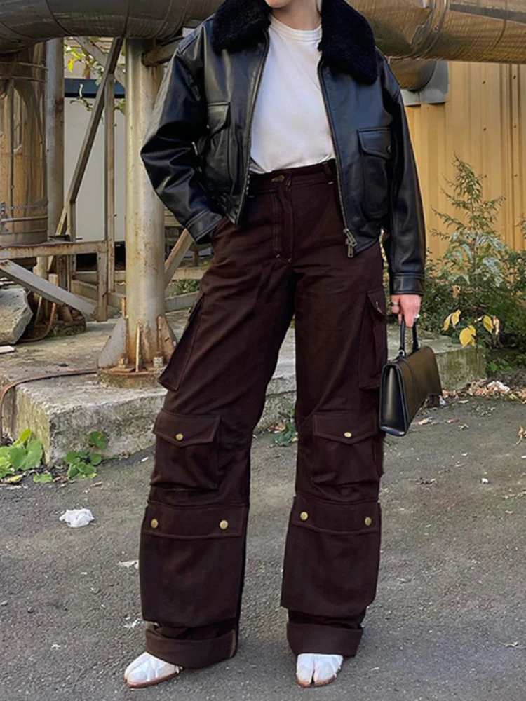 WeiYao Multi-Pockets Streetwear Low Rise Cargo Jeans Woman Brown Vintage 90s Aesthetic Straight Denim Pants Casual Bottoms