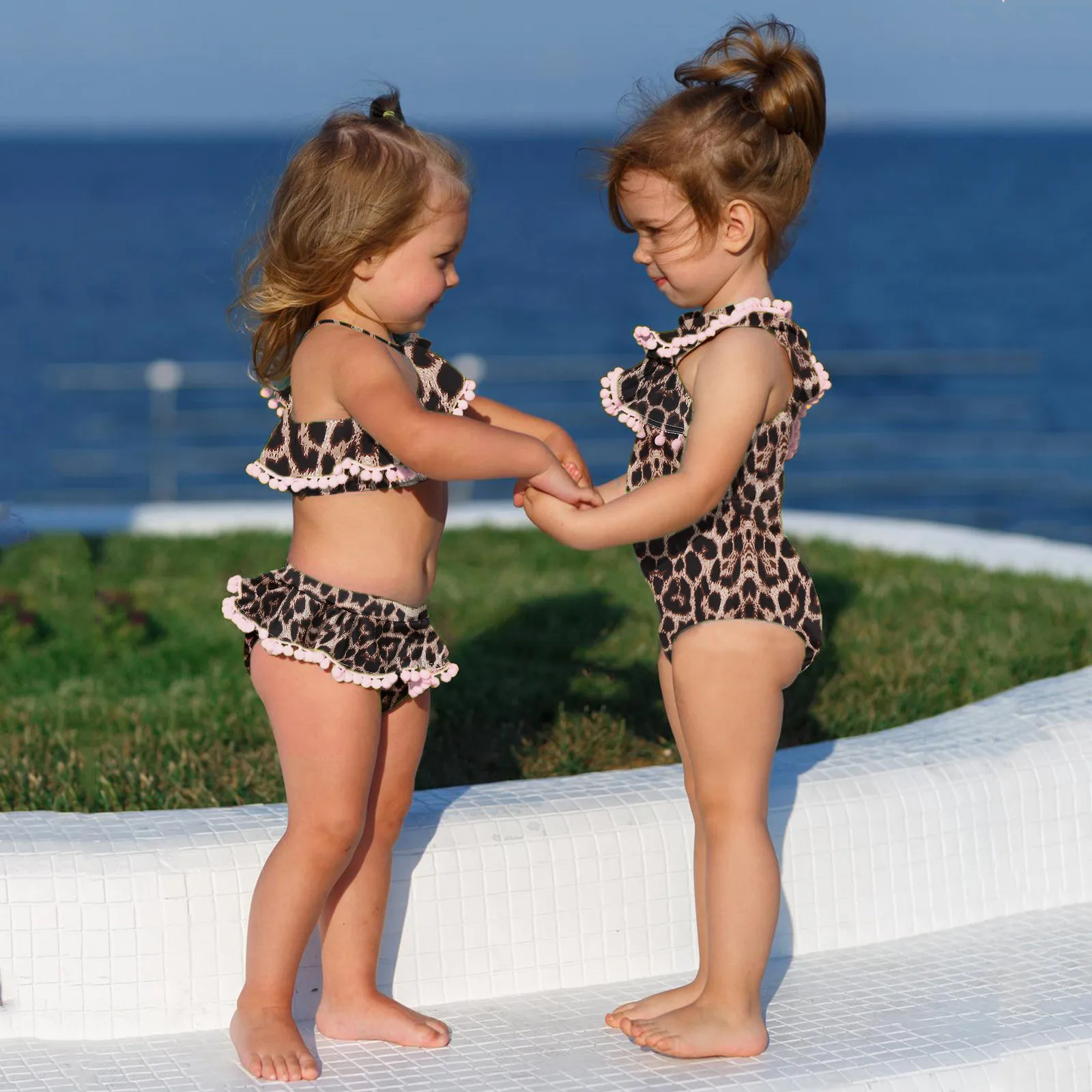 

0-5Y Girls Swimwear 2022 Summer Leopard Kids Baby Girl Swimsuit Toddler Ruffle Tassel Two Piece One Shoulder Beachwear Bodysuit