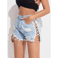2022 new slim ripped tassel cowgirl shorts sexy side hollow out lace up denim shorts women summer high waist solid jean short
