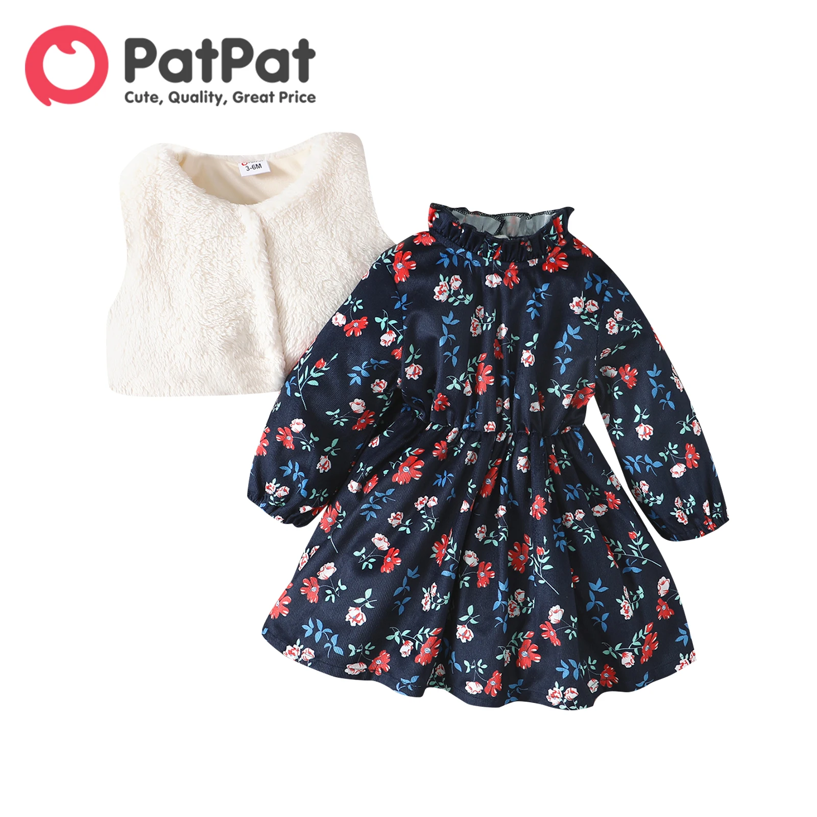 

PatPat 2pcs Baby Girl Allover Floral Print Frill Neck Long-sleeve Dress with Fuzzy Vest Set