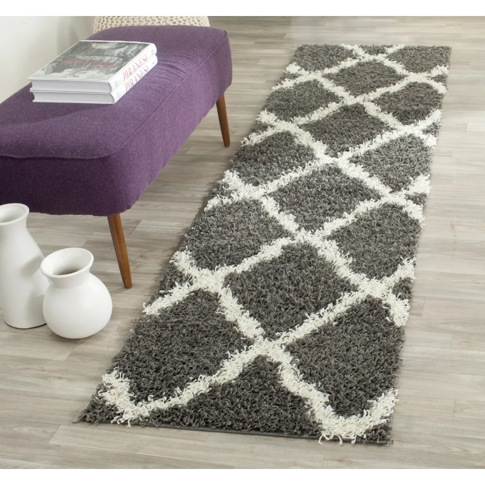 

Daley Geometric Plush Shag Runner Rug, Dark Grey/Ivory, 2'3" X 6' Carpet