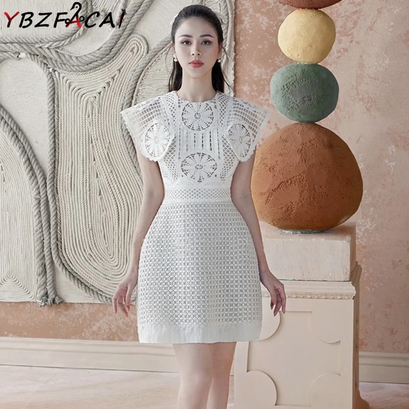 

Женское кружевное платье с вышивкой, Белое Облегающее короткое платье-трапеция с цветочным принтом, без рукавов, лето 2022