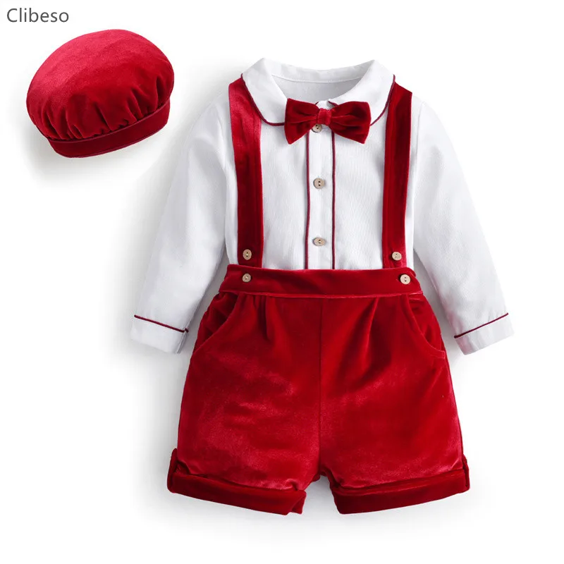 Newborn Clothes Suit Baby Boy Clothing Sets for Birthday Wedding Party Children Withe Blouse Velvet Pants 3Pcs Outfits With Hats