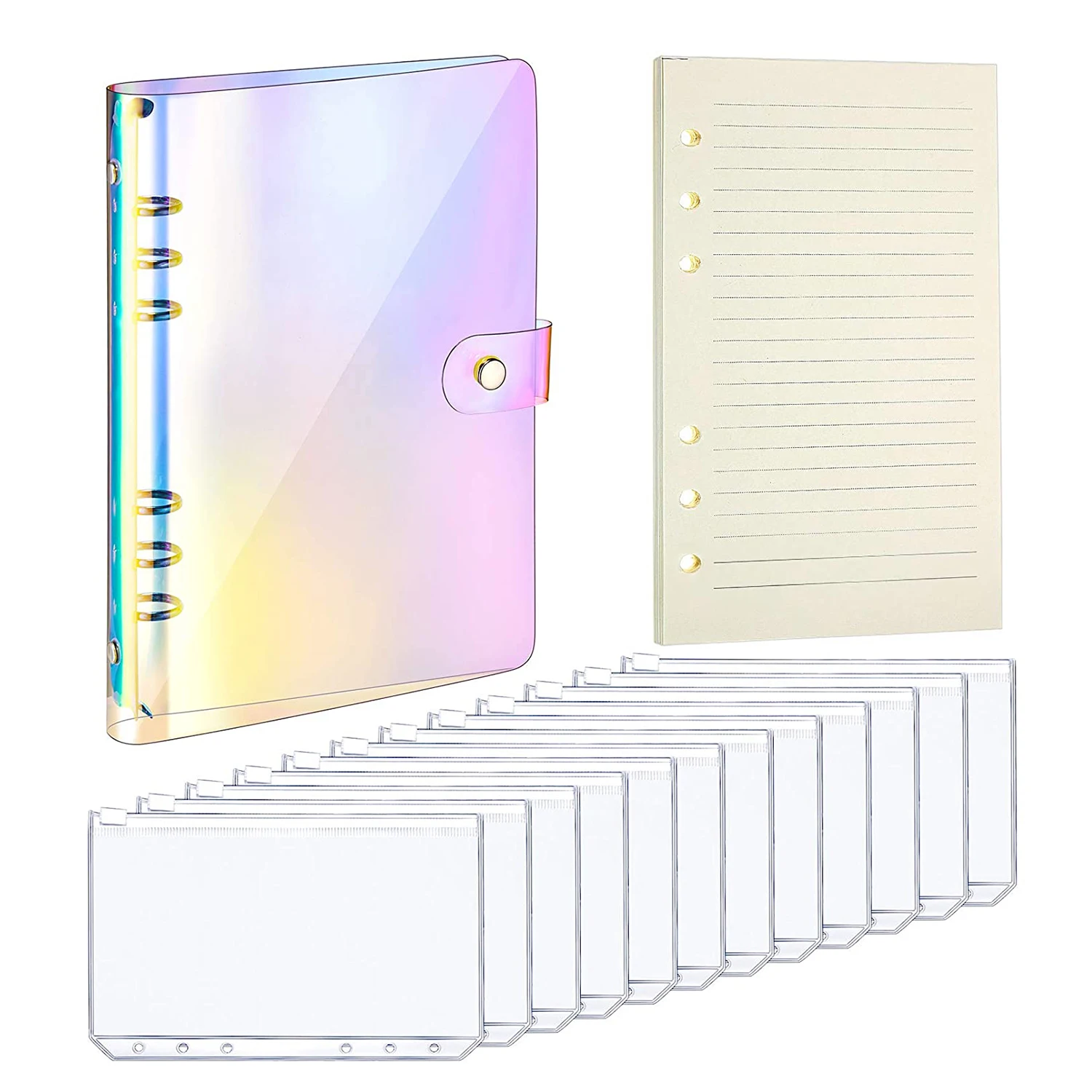 

A6 Soft 6-Ring PVC Binder Notebook Cover with Snap Button 12 Binder Zipper Pockets Folders and 1 Pack 45 Loose Leaf Paper