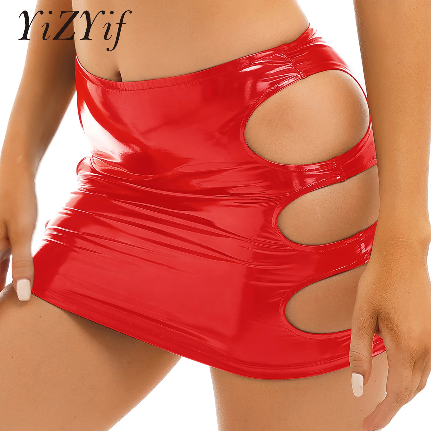 

Womens Fashion Glossy Hollow Out Pencil Skirt Patent Leather Bodycon Miniskirt Wetlook Sexy Party Pole Dancing Clubwear