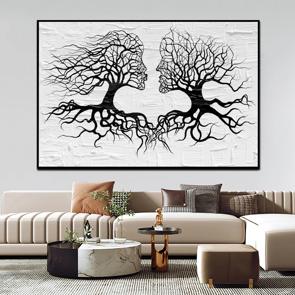 

Black and White Abstract Tree Couple Canvas Painting Kiss Lover Poster Prints Modern Wall Art Picture for Living Room Home Decor
