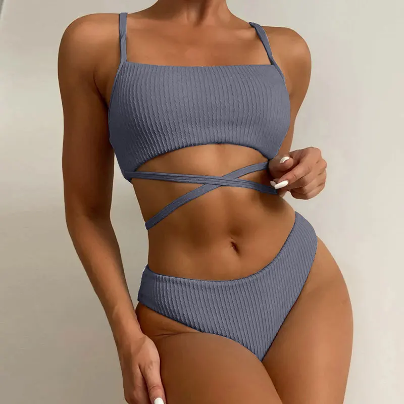 Sexy Cross Strappy Solid Swimsuit Women Two-pieces Push Up Padded Bra Thongs Set Vertical Striped Beachwear For Ladies