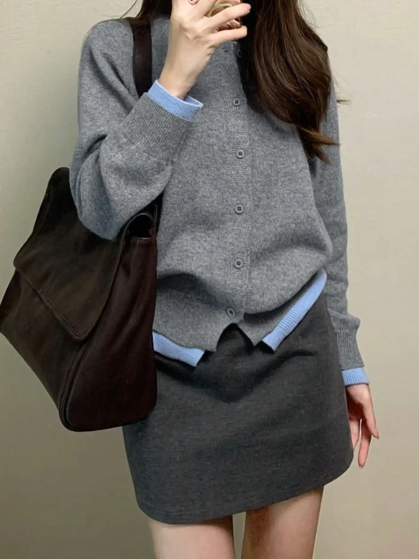K-Style of Hiphop Gray Soft Waxy Knitwear for Women Spring &amp Fall High-End Elegant Casual Versatile Button Cardigan Jacket