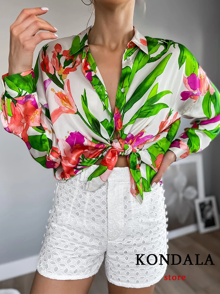 

KONDALA, винтажные атласные свободные рубашки с цветочным принтом, женские шелковые блузки с длинным рукавом на одной пуговице в стиле бохо, мо...