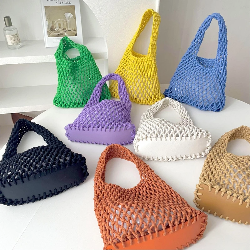 

New Hot Selling Fashion Candy Cotton Thread Woven Bag Handmade Bag Versatile Women's and Girls' Fishing Net Bag Handheld Bag