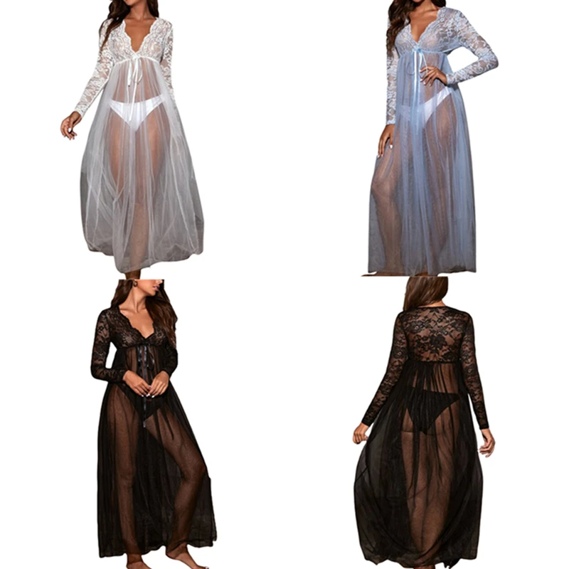 Летнее женское сексуальное прозрачное ночное платье кружевное шитье Прозрачный