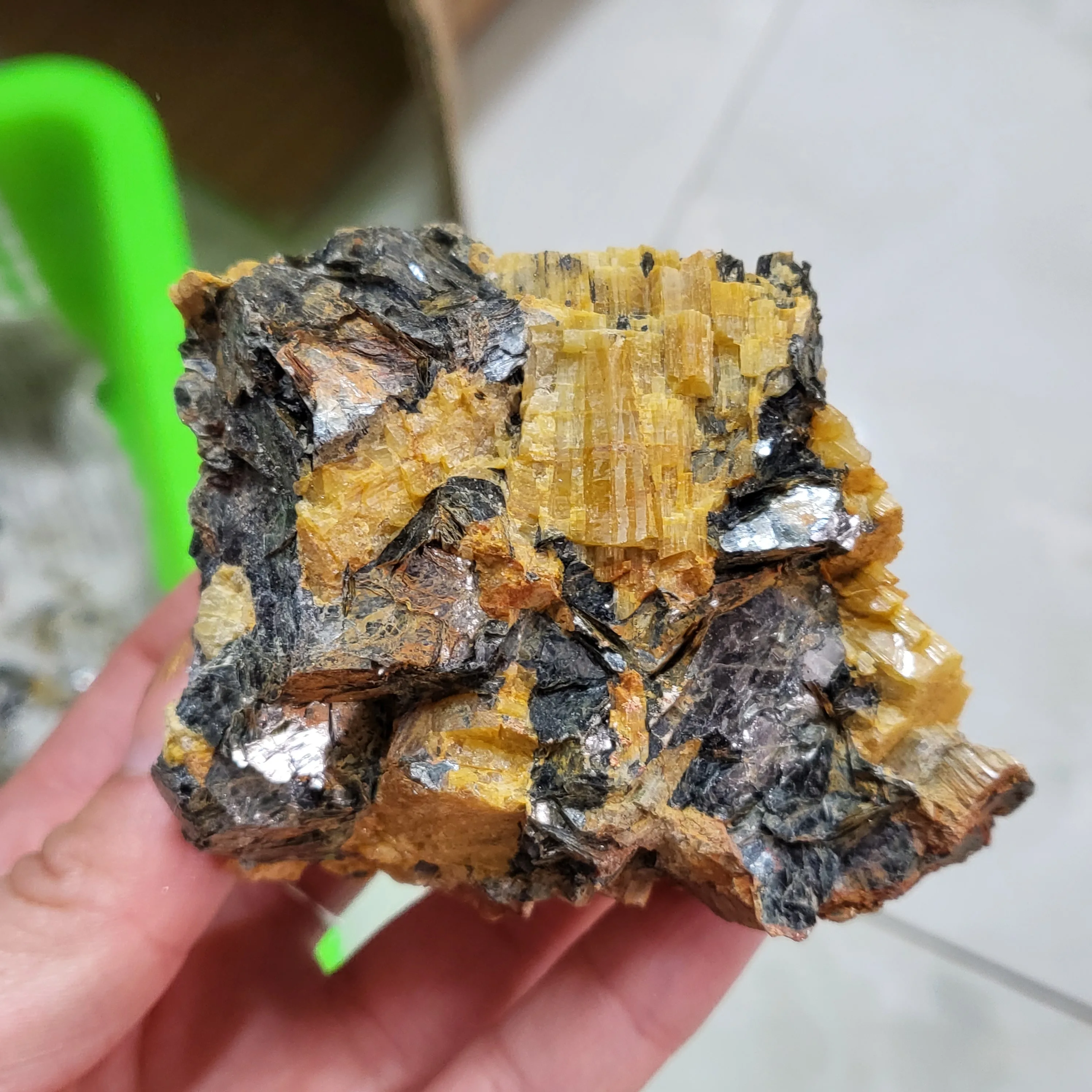 

Natural Black Tourmaline Yellow Mica Symbiotic Mineral Collection Decoration