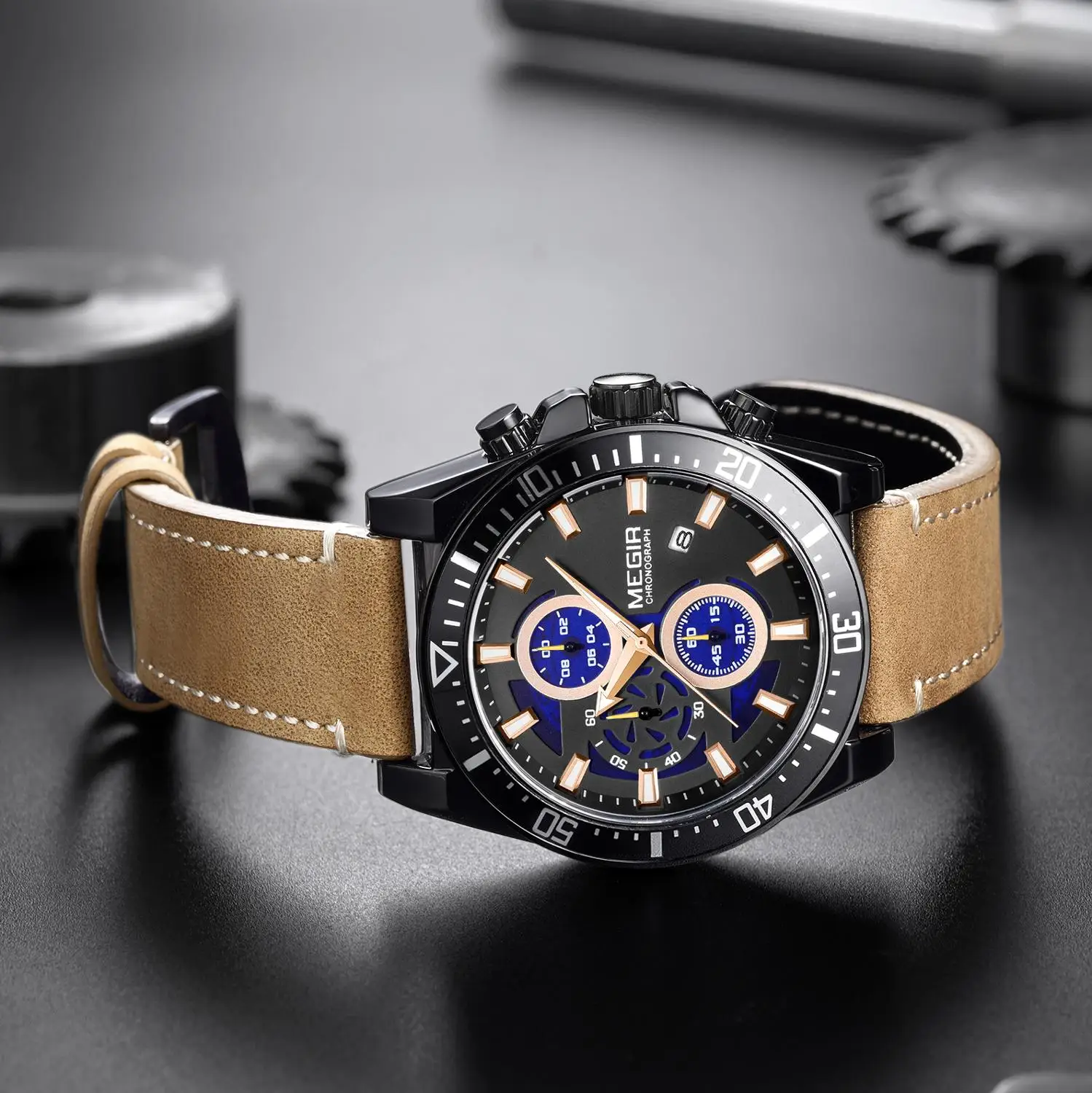 

MEGIR 24mm Brown Black Leather Watch Bracelet Strap Band Belt