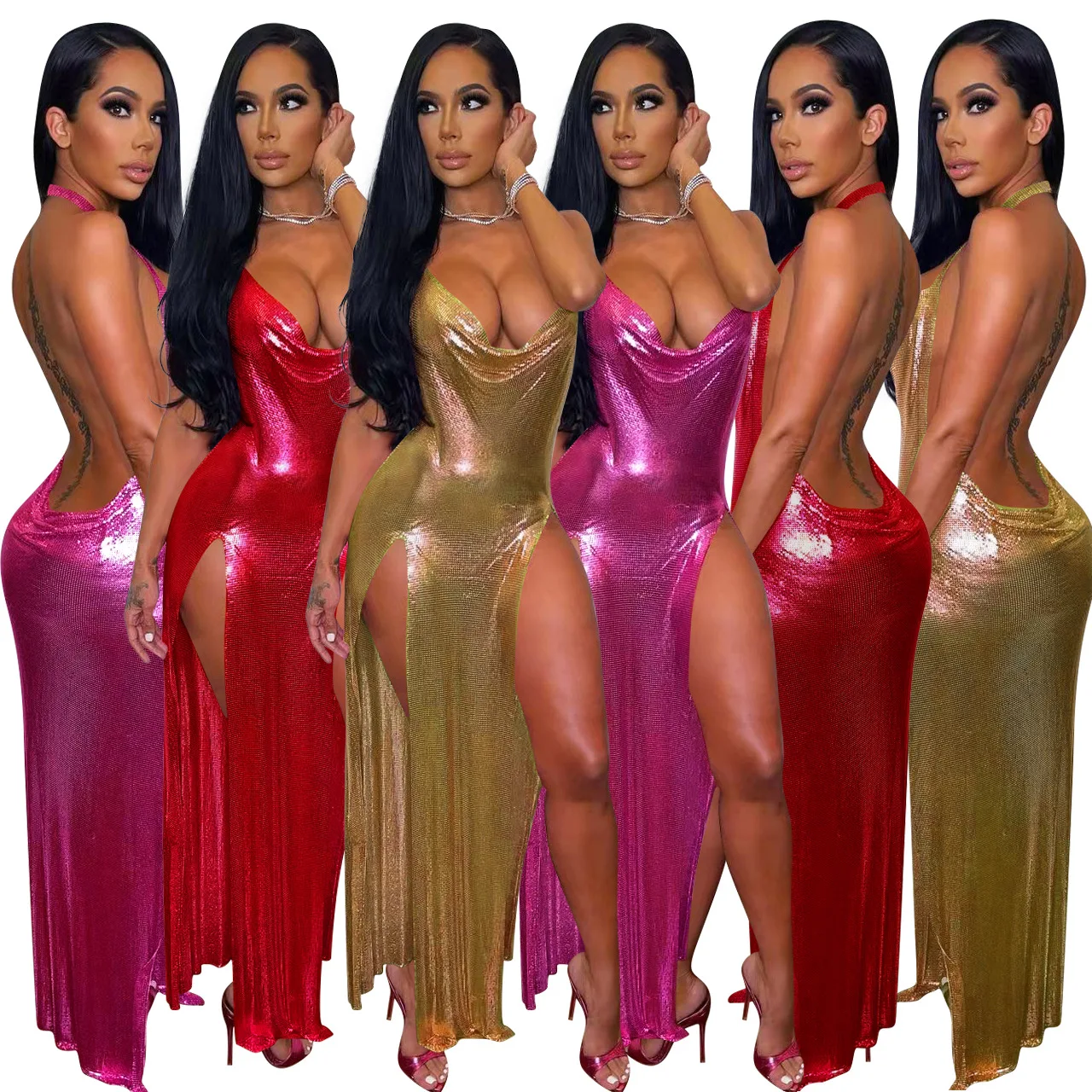 

Sexy Sequins Halter Deep V Neck Backless Evening Part Club Maxi Long Dress Elegant High Split See Through Outfit Dresses Robe