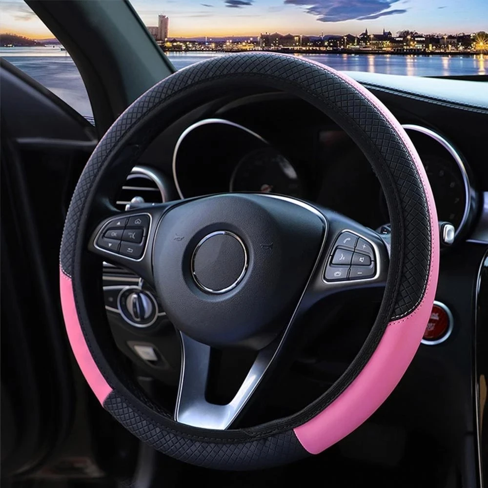 

15 Inch Universal Size Steering Wheel Cover Faux Pink Leather Steering Wheel Cover Classic Non-Slip Breathable Wheel Protector