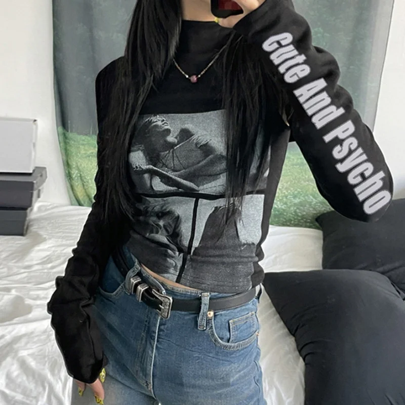 Gothic Women's Fashion Black Top Solid Letter Long Sleeve High Neck Slim Fit Pullover Gothic Style Women's Top Spring 2023