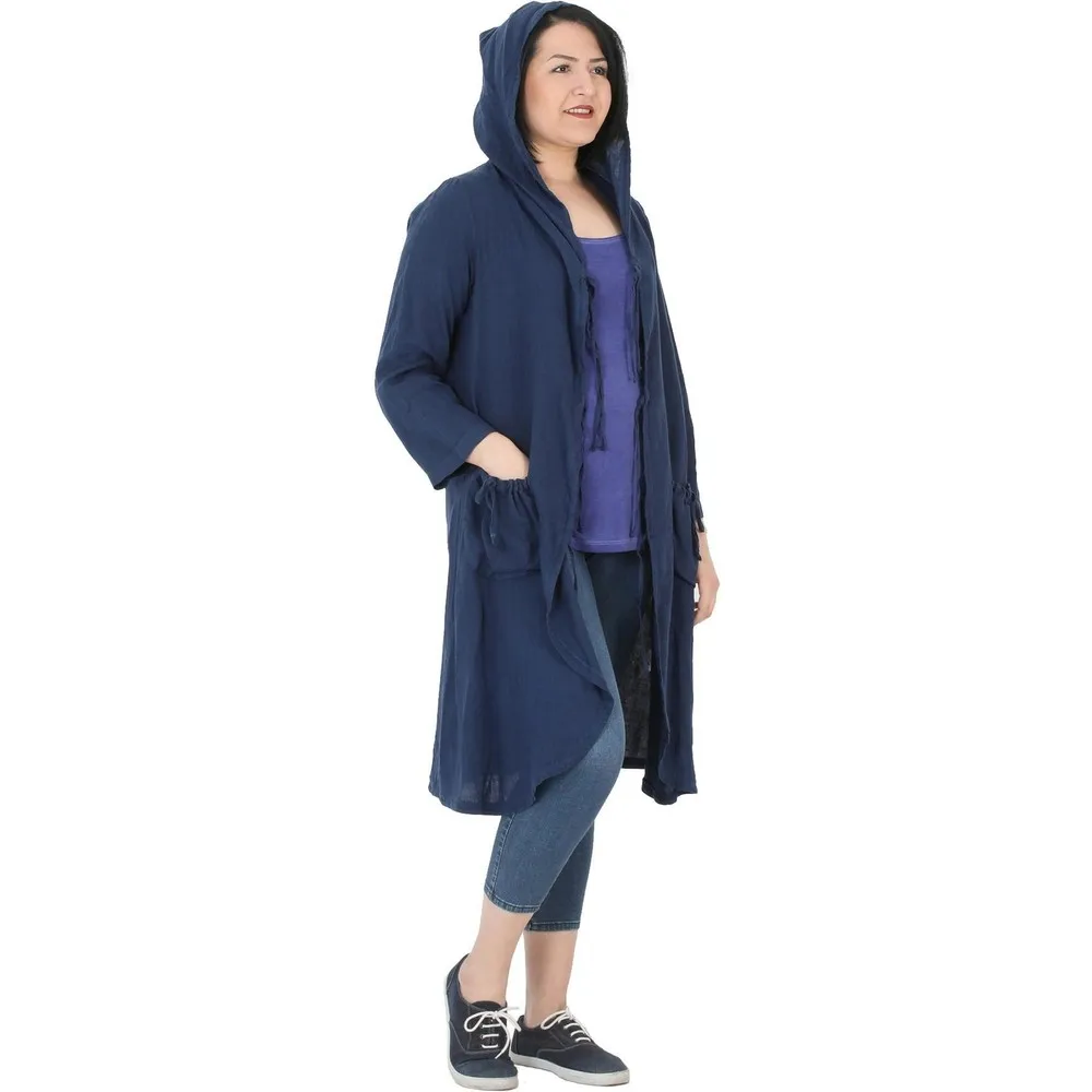 

Пальто Dorlie Fierte женское большого размера, приталенный льняной кардиган цвета индиго, с длинным рукавом, капюшоном и двумя карманами, выше кол...
