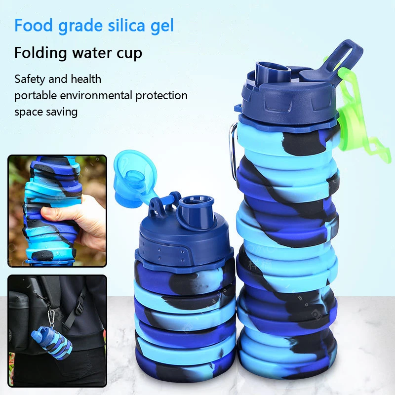 

500ml Foldable Water Cup Silicone Collapsible Cycling Water Bottle Travel Kettle Portable Outdoor Camping Drinking Mug with Lid