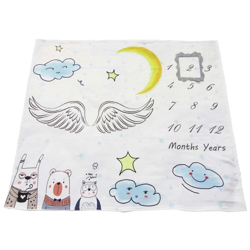 

2 Pcs Baby Month Milestone Blanket Monthly Record Growth Blanket Newborn Soft Flannel Cartoon Animal Printed Swaddle Wrap Props