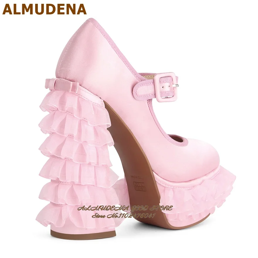 Фото Туфли-мэри-джейн ALMUDENA из розового атласа на платформе с кружевной сеткой, на массивном каблуке с рюшами, свадебные туфли, элегантные туфли для вечеринок с бантом-бабочкой №4