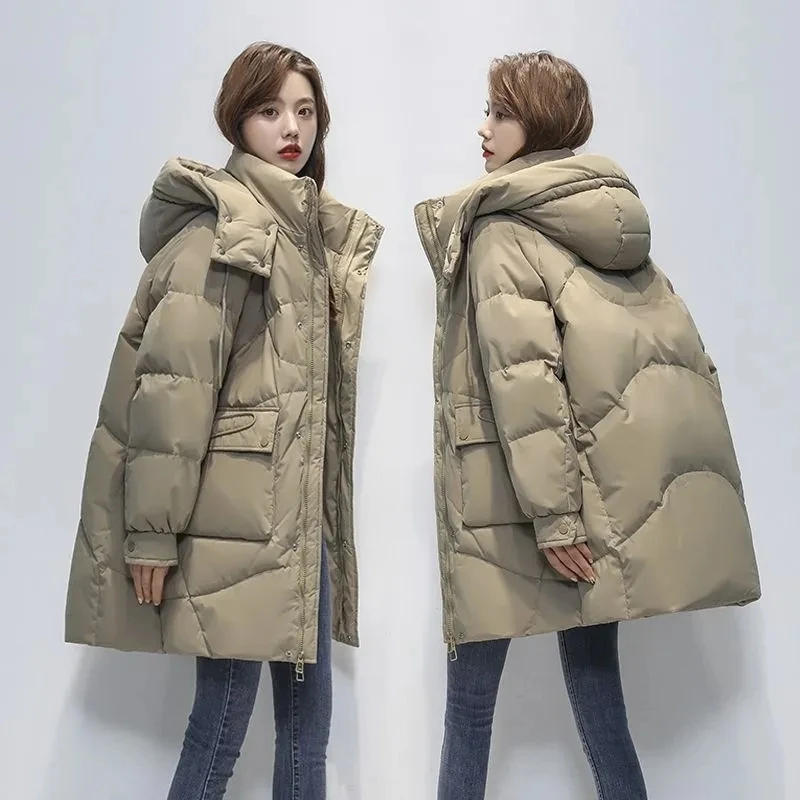 2022 Winter Warm Jackets Womens Korean Loose Cotton Parkas Coat Mid-Length Down Cotton Parkas Jacket Thicken Warm Hooded Outwear