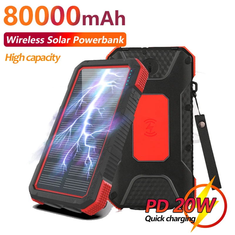 

Wireless Solar 80000mAh Power Bank Emergency Waterproof SOS LED External Battery Portable One-way Fast Charging
