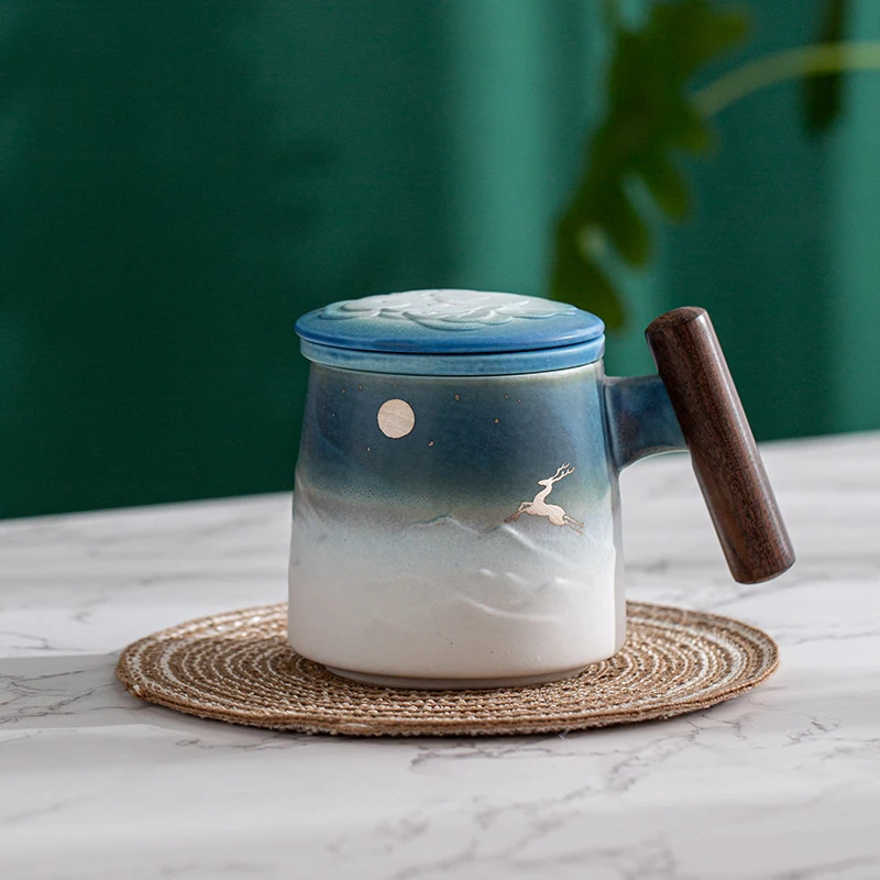 

Moon Deer Ceramic Tea Mug with Infuser and Wooden Handle 430ml