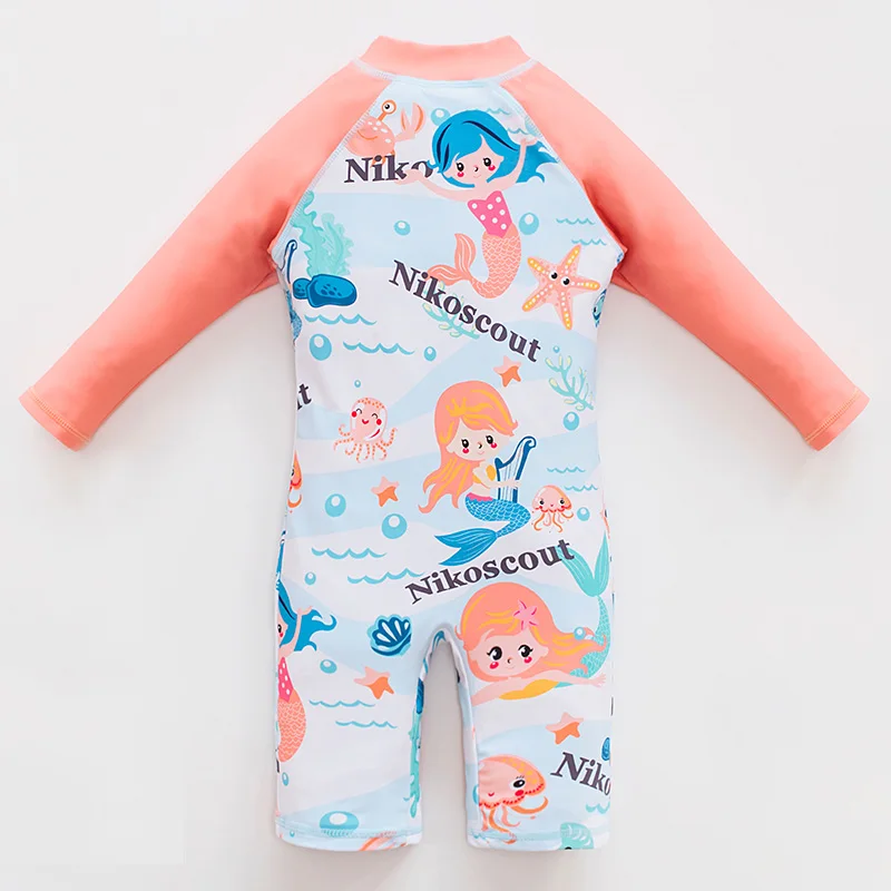 Printed Mermaid Baby Girl Swimsuit Long-sleeved Children's Cwimsuit Cap Children's Sunscreen One-piece Swimsuit Children's Baby
