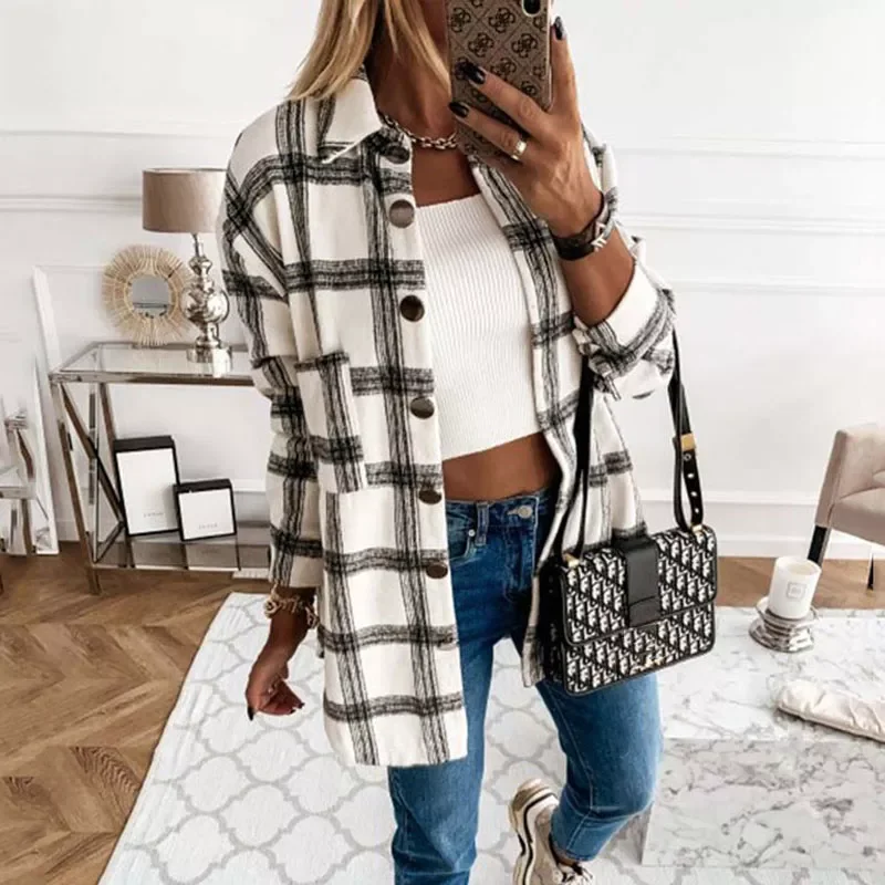 

Autumn Plaid Jacket Women Overshirt Loose Winter Checkered Jacket Female Long Sleeve Shirt Jacket For Women 2021