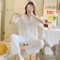 summer pajamas womens short sleeve french royal style lace sweet elegance summer home wear trousers two piece set