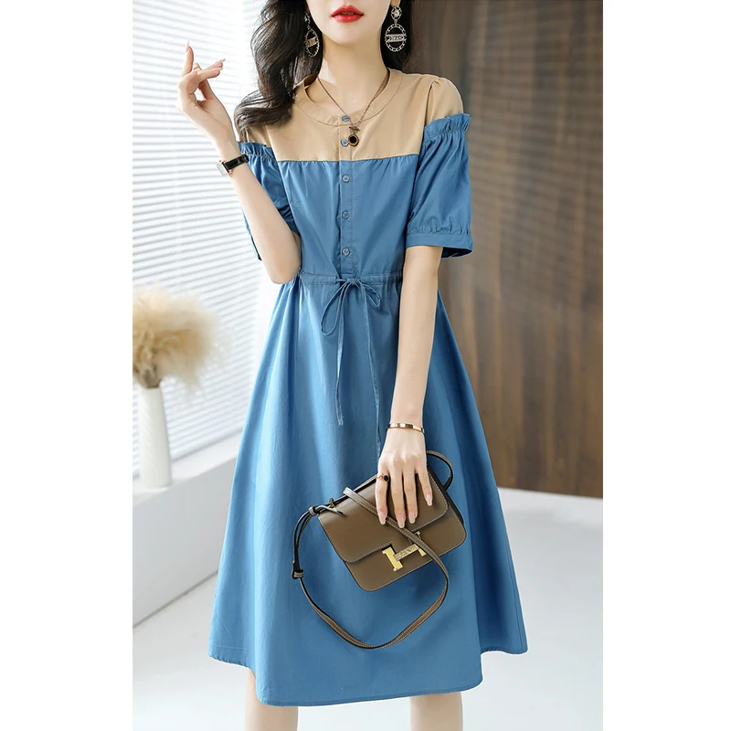 

Summer New Loose Casual Fashion A-line Splicing Drawstring O-neck Short Sleeve Women's Dress Houthion