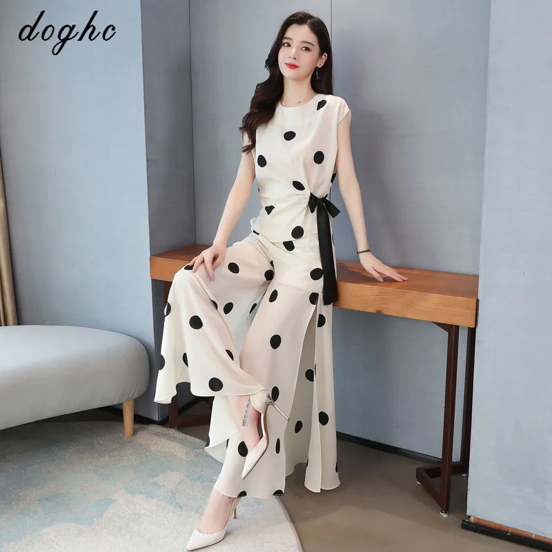 

Шифоновая рубашка DOGHC в минималистском стиле с завышенной талией, облегающая, из двух частей, с широкими штанинами и юбкой, брюки в горошек, м...