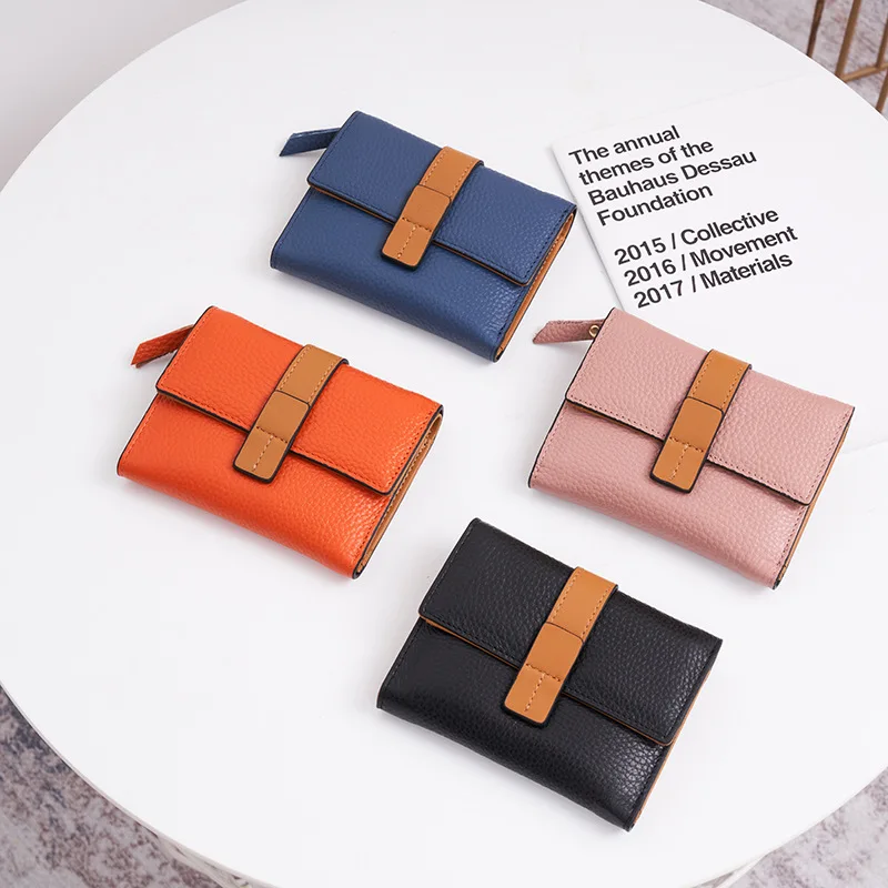 

Casual Card Holder Panelled Color Mini Women Wallet Genuine Leather Buckle Business Id Card Holder 3 Fold Coin Purses for Women