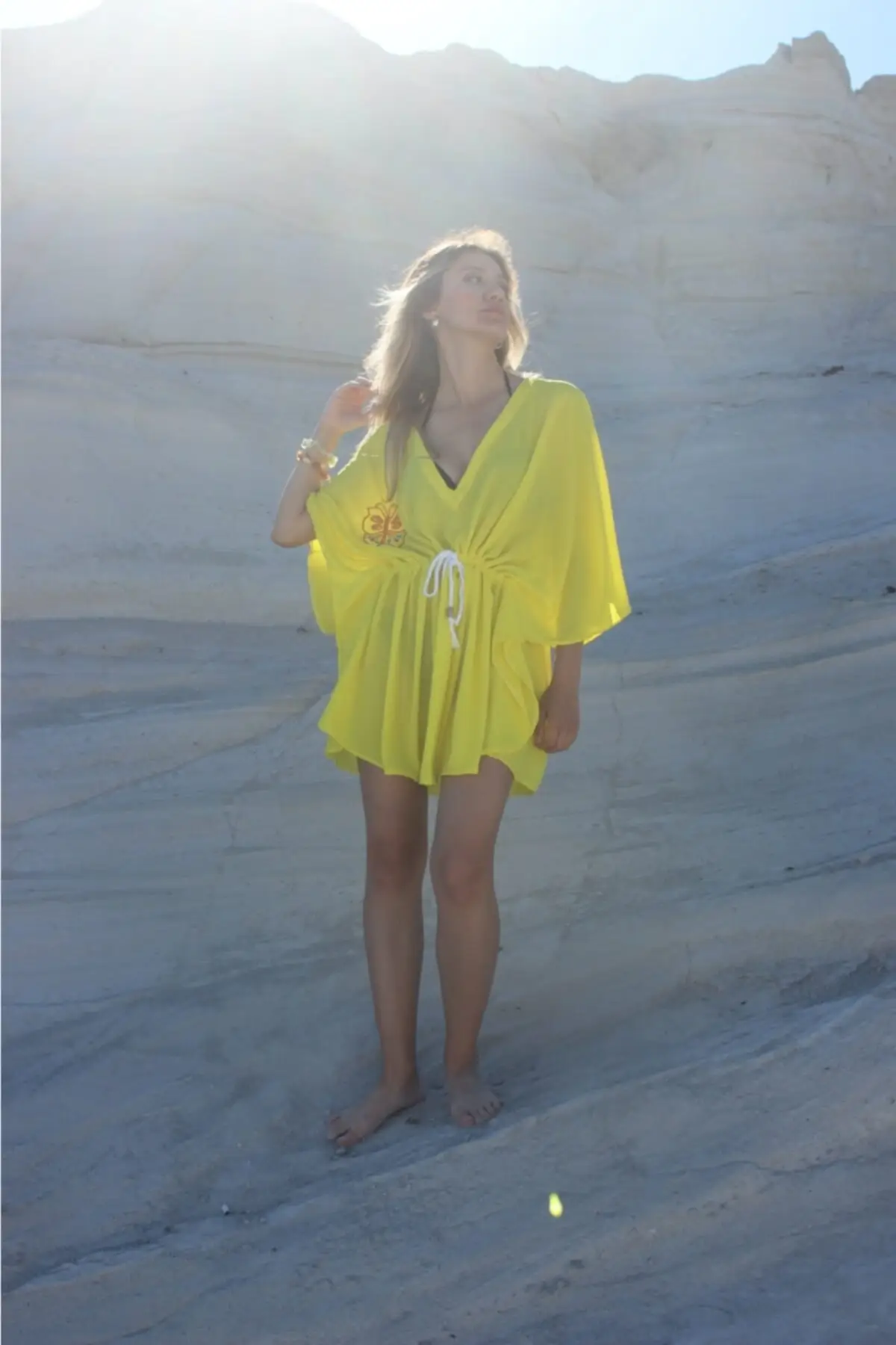 

Women's Pareo embroidery Yellow Swimwear Cover Up Dress Sexy Tunic Suit Beachwear Female Beach Bikini Cover Loose Mini Dress