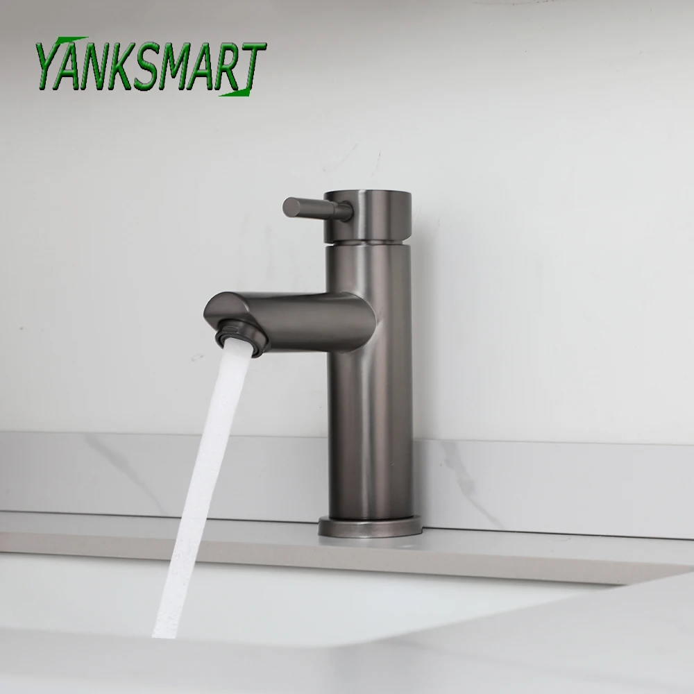 

YANKSMART Gun Grey Bathroom Faucet Basin Sink Deck Mounted Hot Cold Water Mixer Faucets 1 Lever Vanity Taps Lavatory Sink Tap